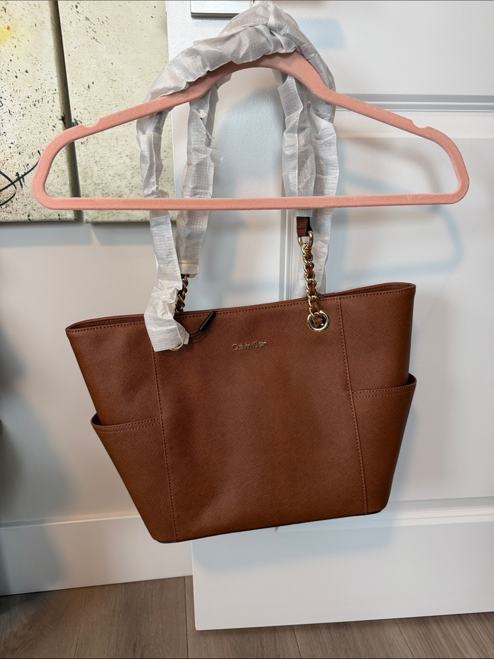 Calvin Klein Cognac Saffiano Tote with Chain Accents